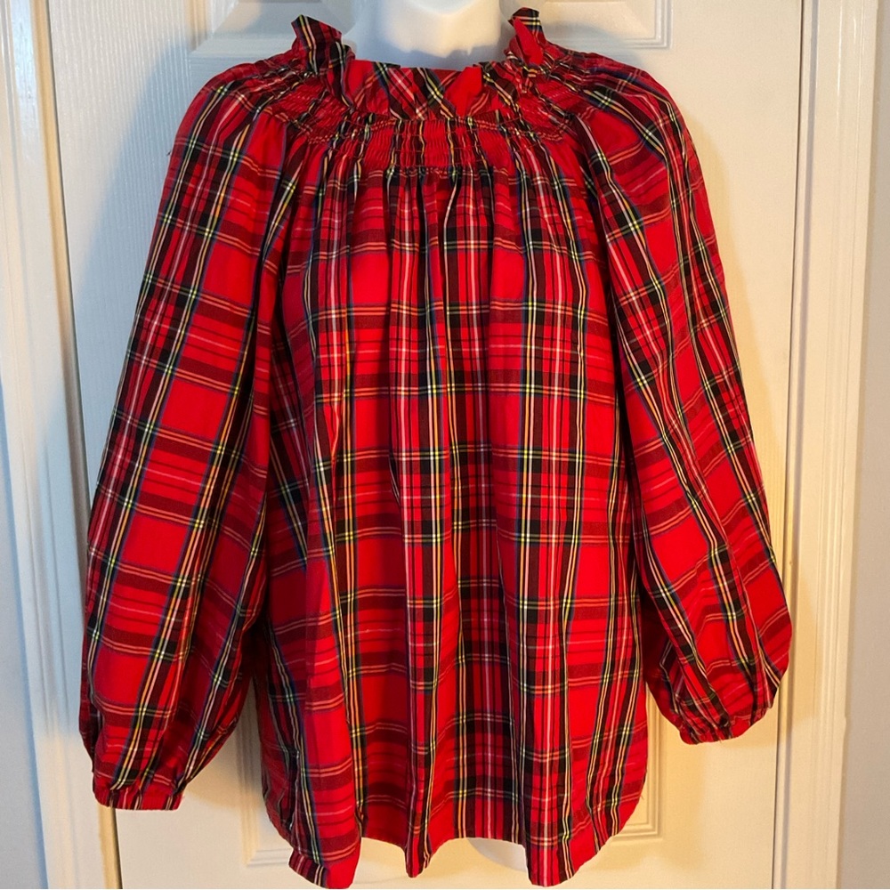 J. CREW Womens XL Top/Blouse, Red Plaid, Smocked Neckline, 3/4 to Long Sleeve
